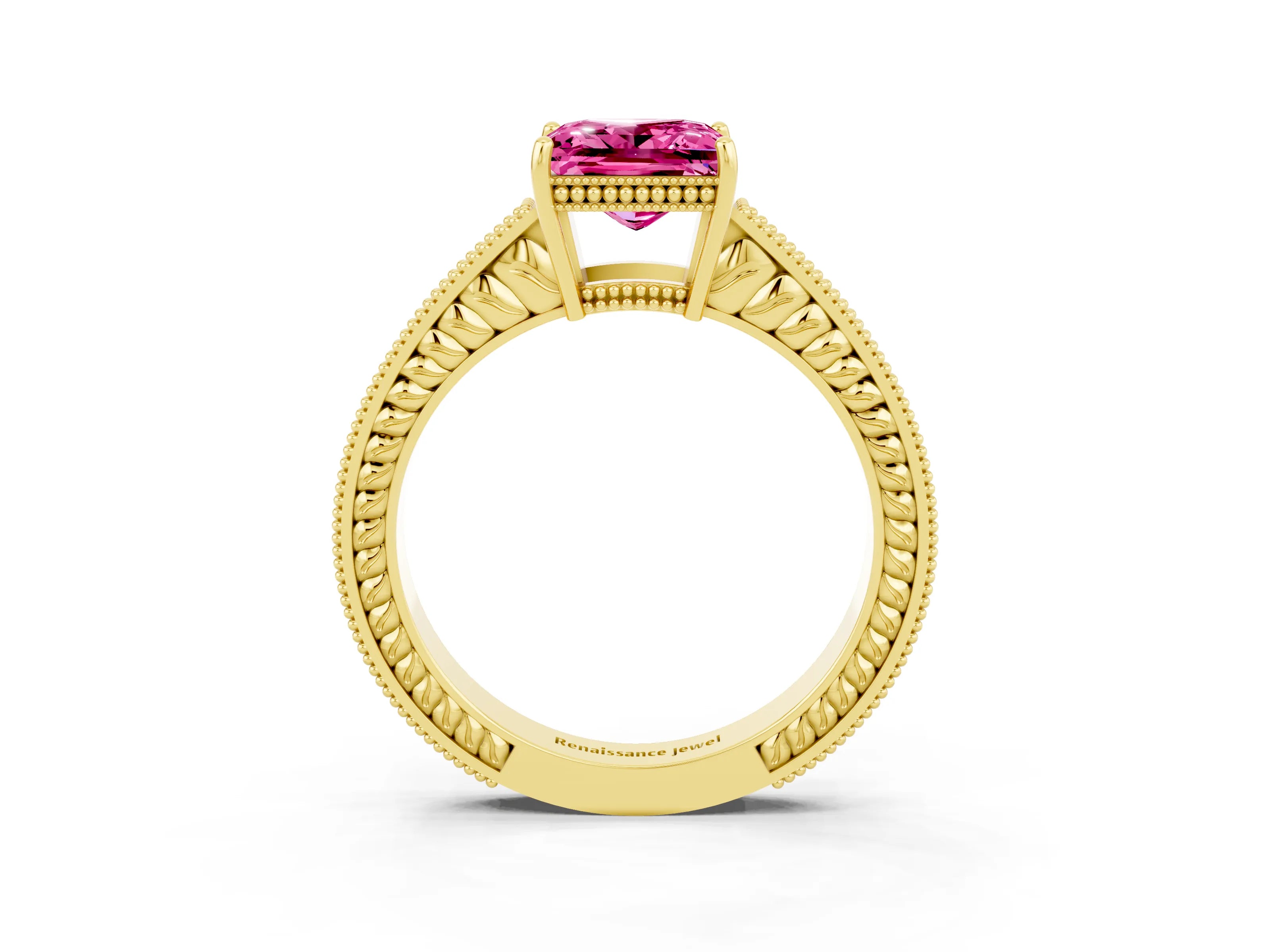 Yellow gold Princess Cut Pink Sapphire Ring with Milgrain Pavé Band and Four-Prong Setting_39