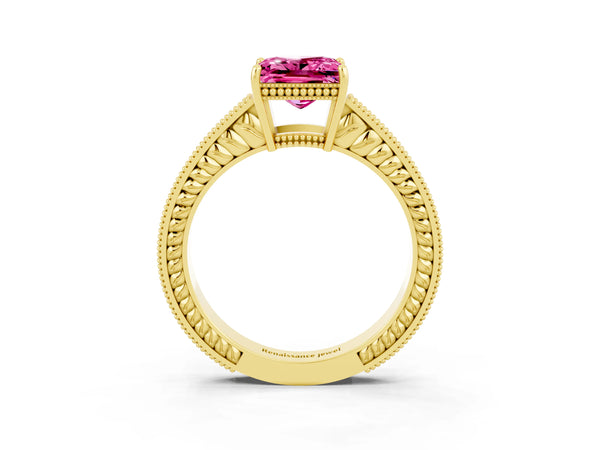 Yellow gold Princess Cut Pink Sapphire Ring with Milgrain Pavé Band and Four-Prong Setting