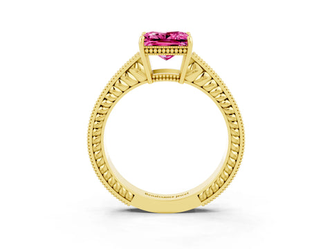 Yellow gold Princess Cut Pink Sapphire Ring with Milgrain Pavé Band and Four-Prong Setting_39