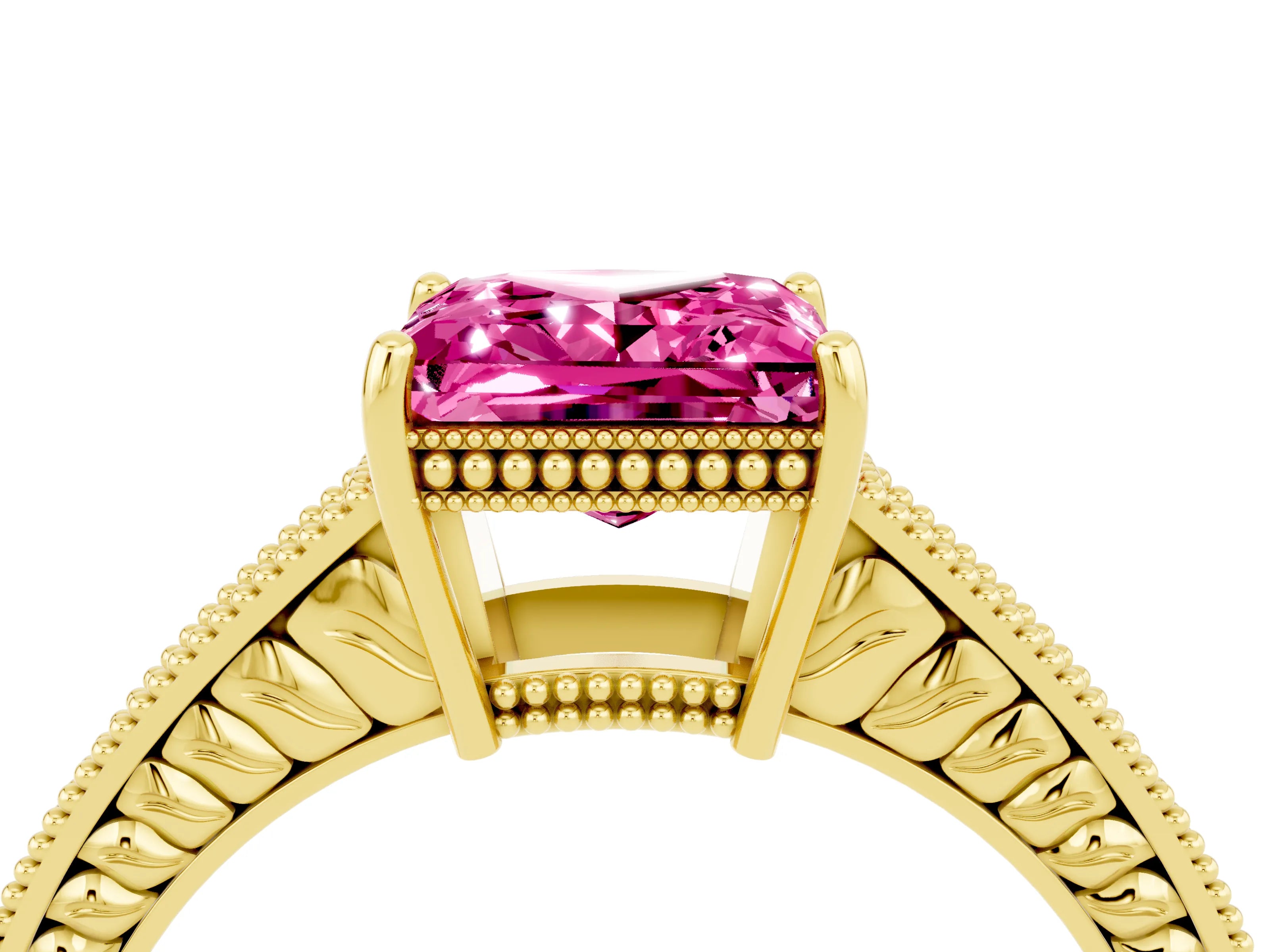 Yellow gold Princess Cut Pink Sapphire Ring with Milgrain Pavé Band and Four-Prong Setting_40