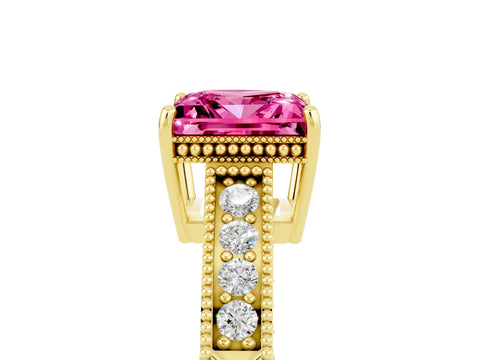 Yellow gold Princess Cut Pink Sapphire Ring with Milgrain Pavé Band and Four-Prong Setting_41