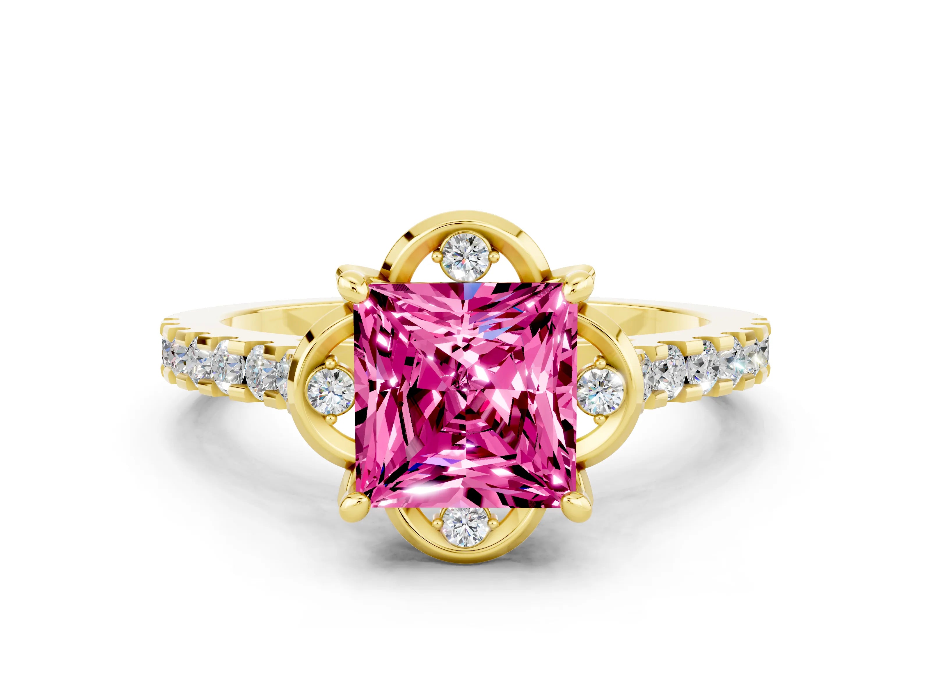 Yellow gold Princess Cut Pink Sapphire Ring with Pavé Band and Floral Prong Setting