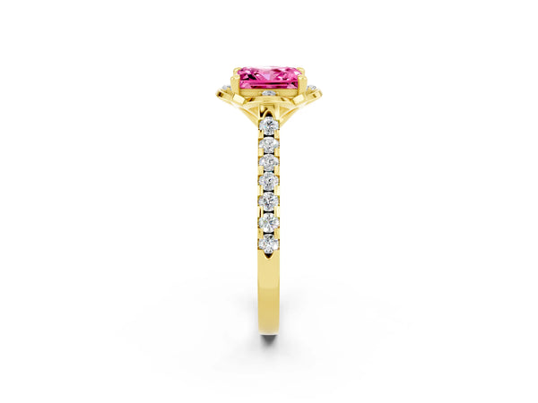 Yellow gold Princess Cut Pink Sapphire Ring with Pavé Band and Floral Prong Setting