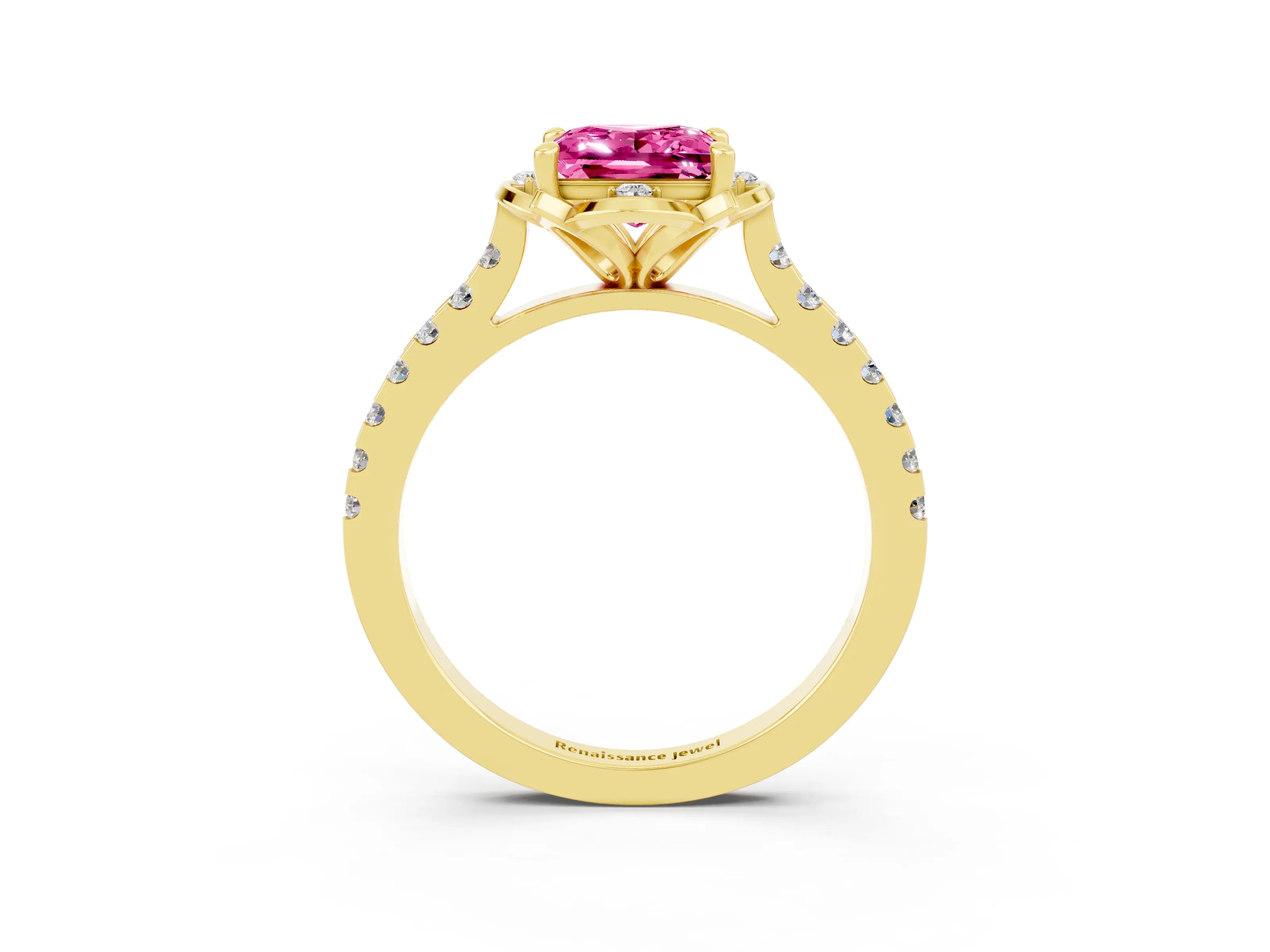 Yellow gold Princess Cut Pink Sapphire Ring with Pavé Band and Floral Prong Setting_3