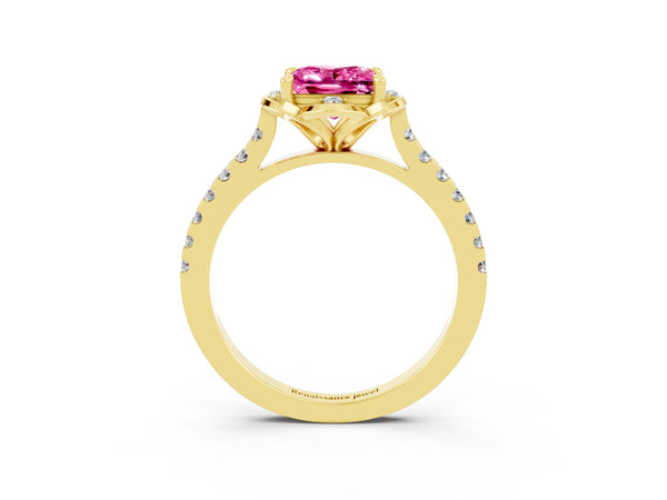 Yellow gold Princess Cut Pink Sapphire Ring with Pavé Band and Floral Prong Setting