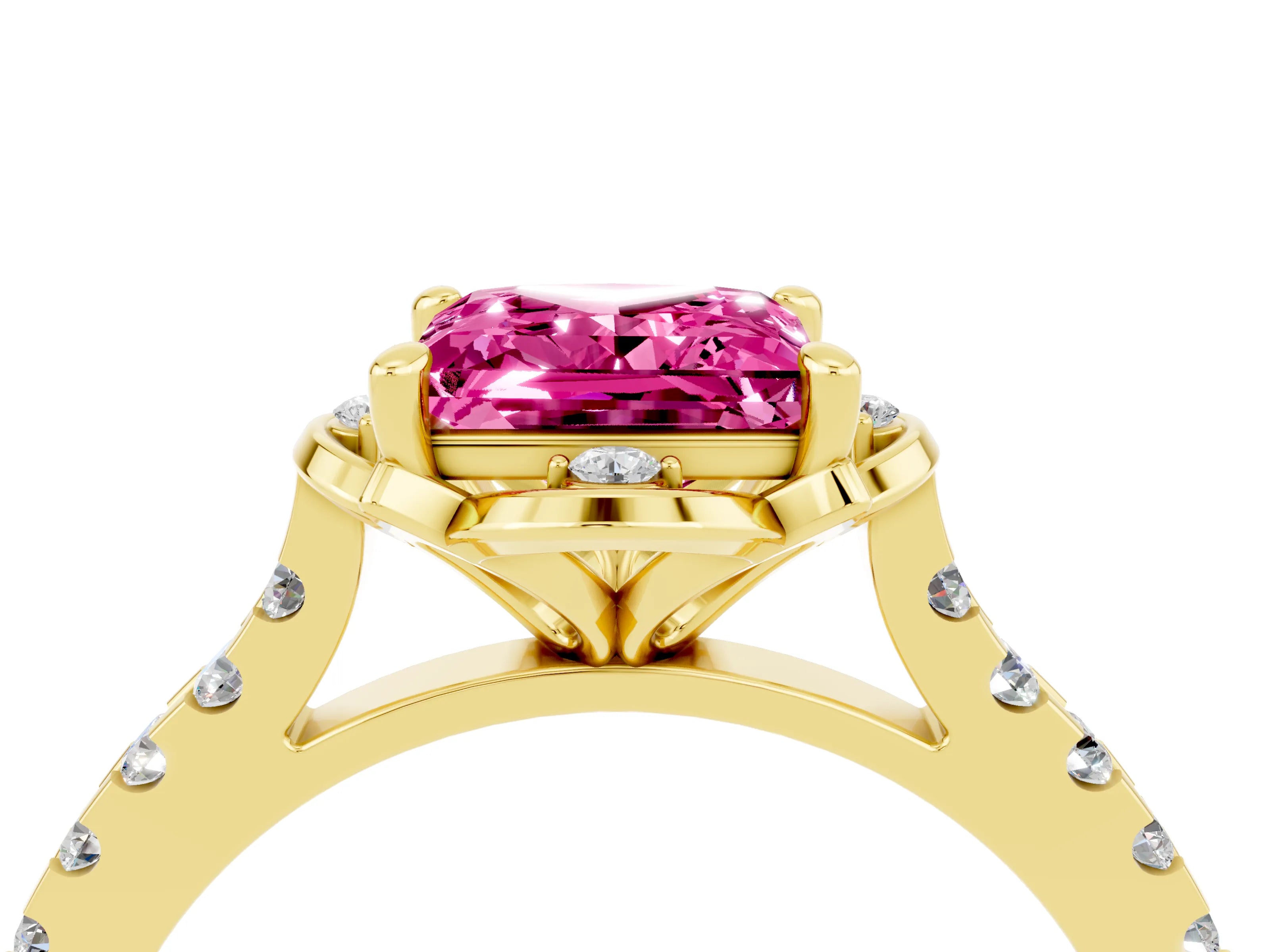 Yellow gold Princess Cut Pink Sapphire Ring with Pavé Band and Floral Prong Setting_4