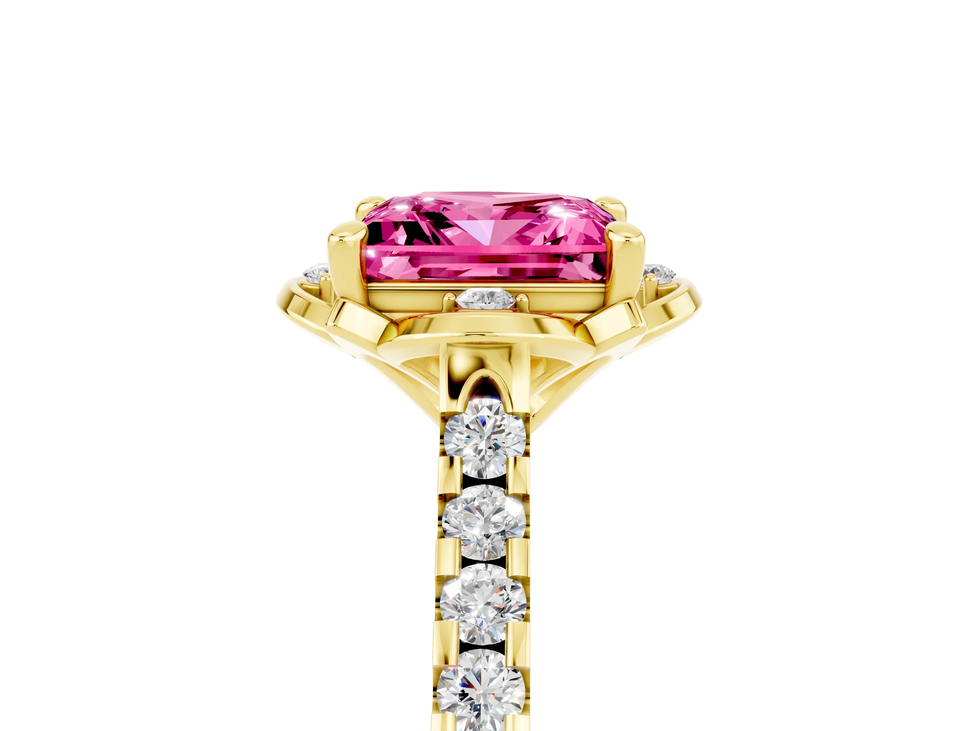 Yellow gold Princess Cut Pink Sapphire Ring with Pavé Band and Floral Prong Setting_5