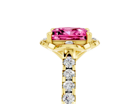Yellow gold Princess Cut Pink Sapphire Ring with Pavé Band and Floral Prong Setting_5