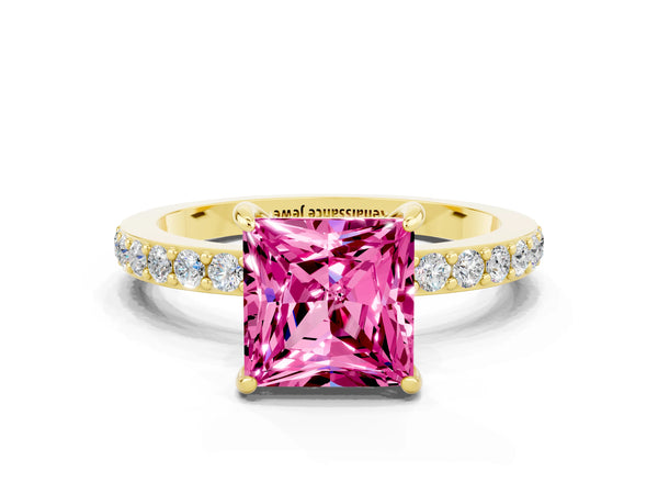 Yellow gold Princess Cut Pink Sapphire Pavé Engagement Ring with Round  Accents and Prong Setting