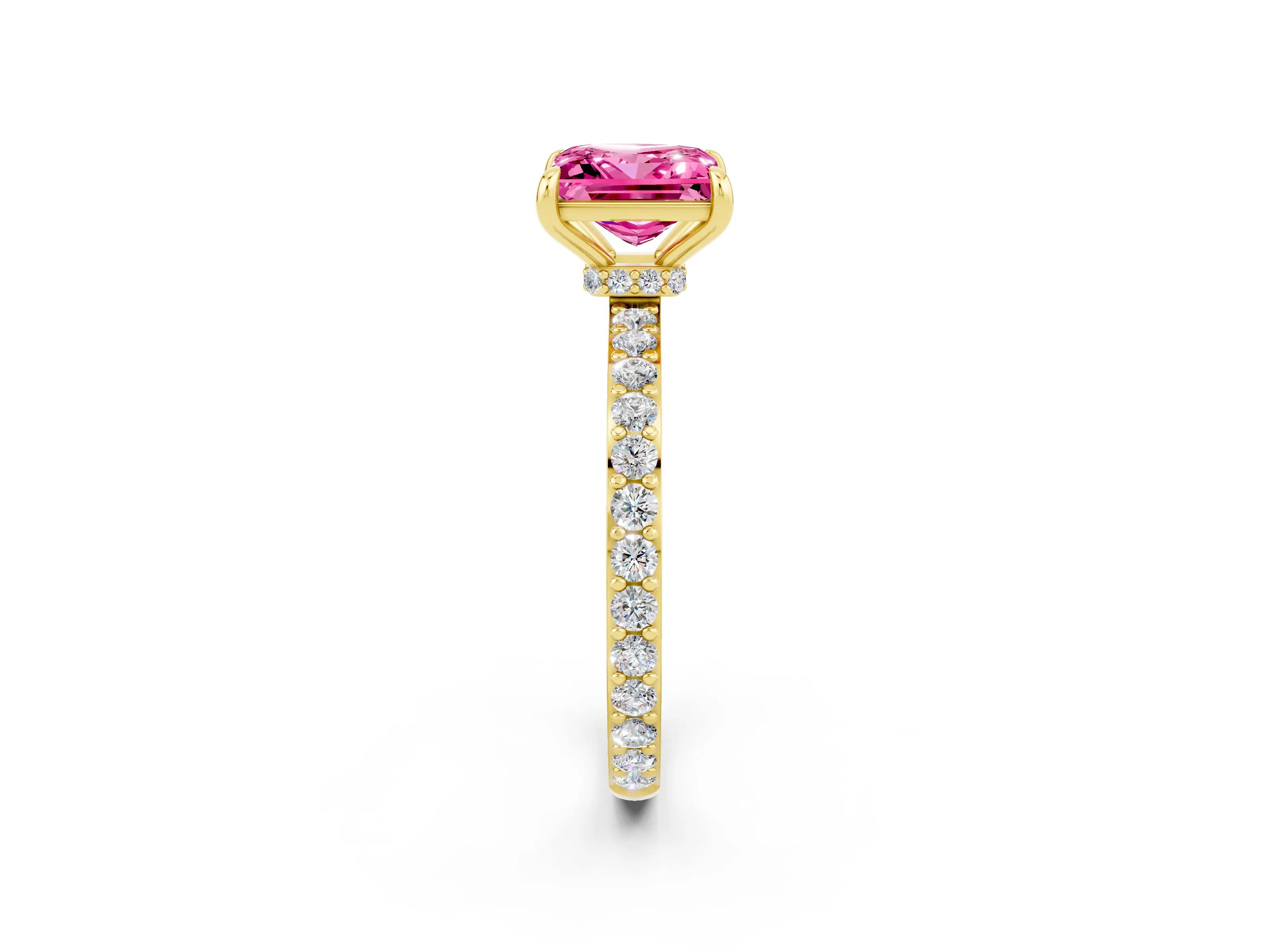 Yellow gold Princess Cut Pink Sapphire Ring with Pavé Band and Four-Prong Setting_26
