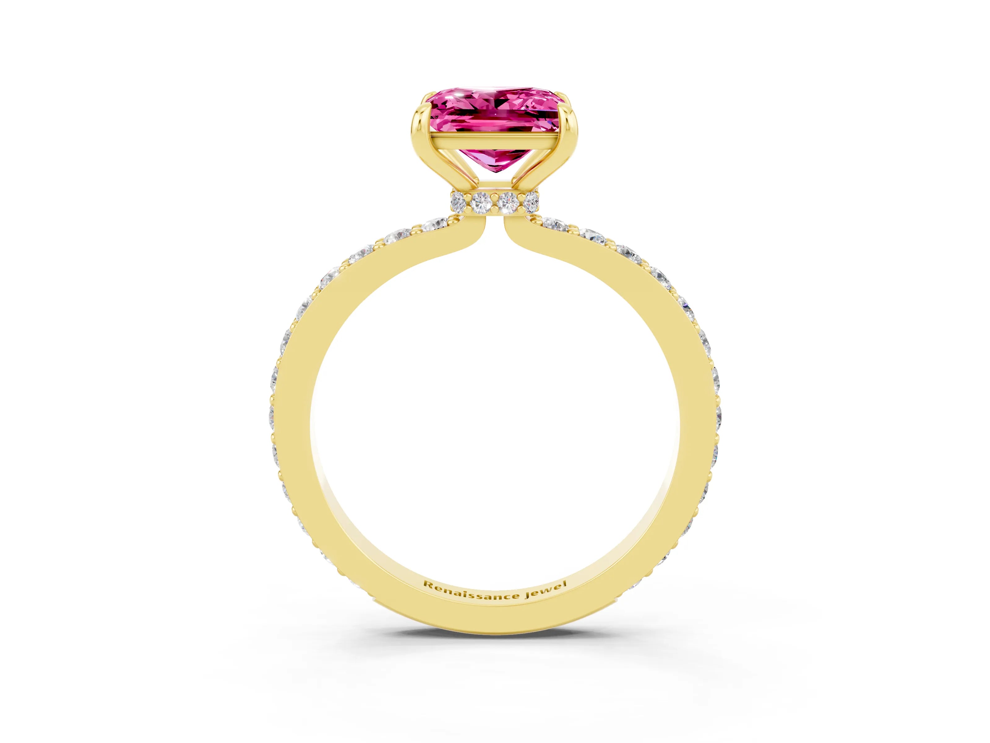 Yellow gold Princess Cut Pink Sapphire Ring with Pavé Band and Four-Prong Setting_27