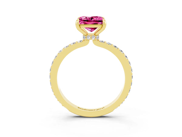 Yellow gold Princess Cut Pink Sapphire Pavé Engagement Ring with Round  Accents and Prong Setting