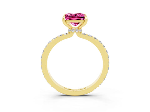 Yellow gold Princess Cut Pink Sapphire Ring with Pavé Band and Four-Prong Setting_27