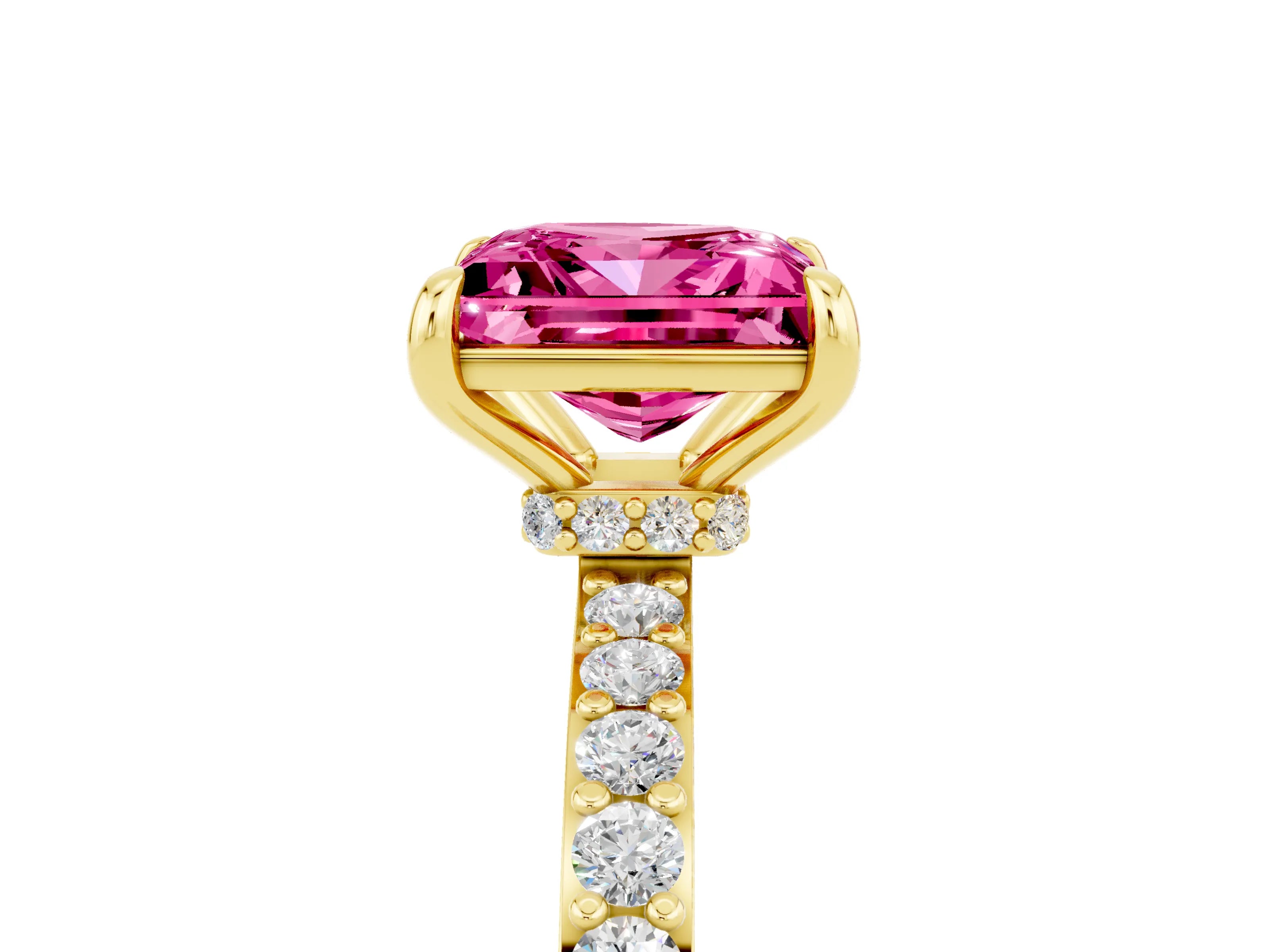 Yellow gold Princess Cut Pink Sapphire Ring with Pavé Band and Four-Prong Setting_29