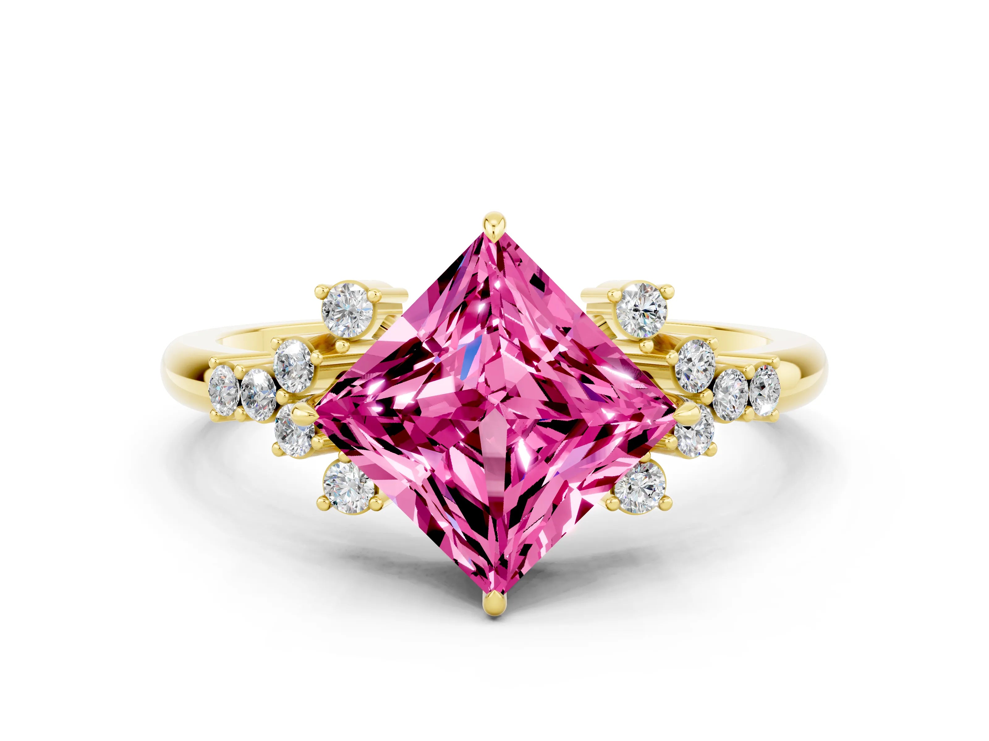 Yellow gold Princess Cut Pink Sapphire Ring with Side Stones and Four-Prong Setting_60