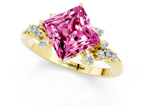 Yellow gold Princess Cut Pink Sapphire Ring with Side Stones and Four-Prong Setting