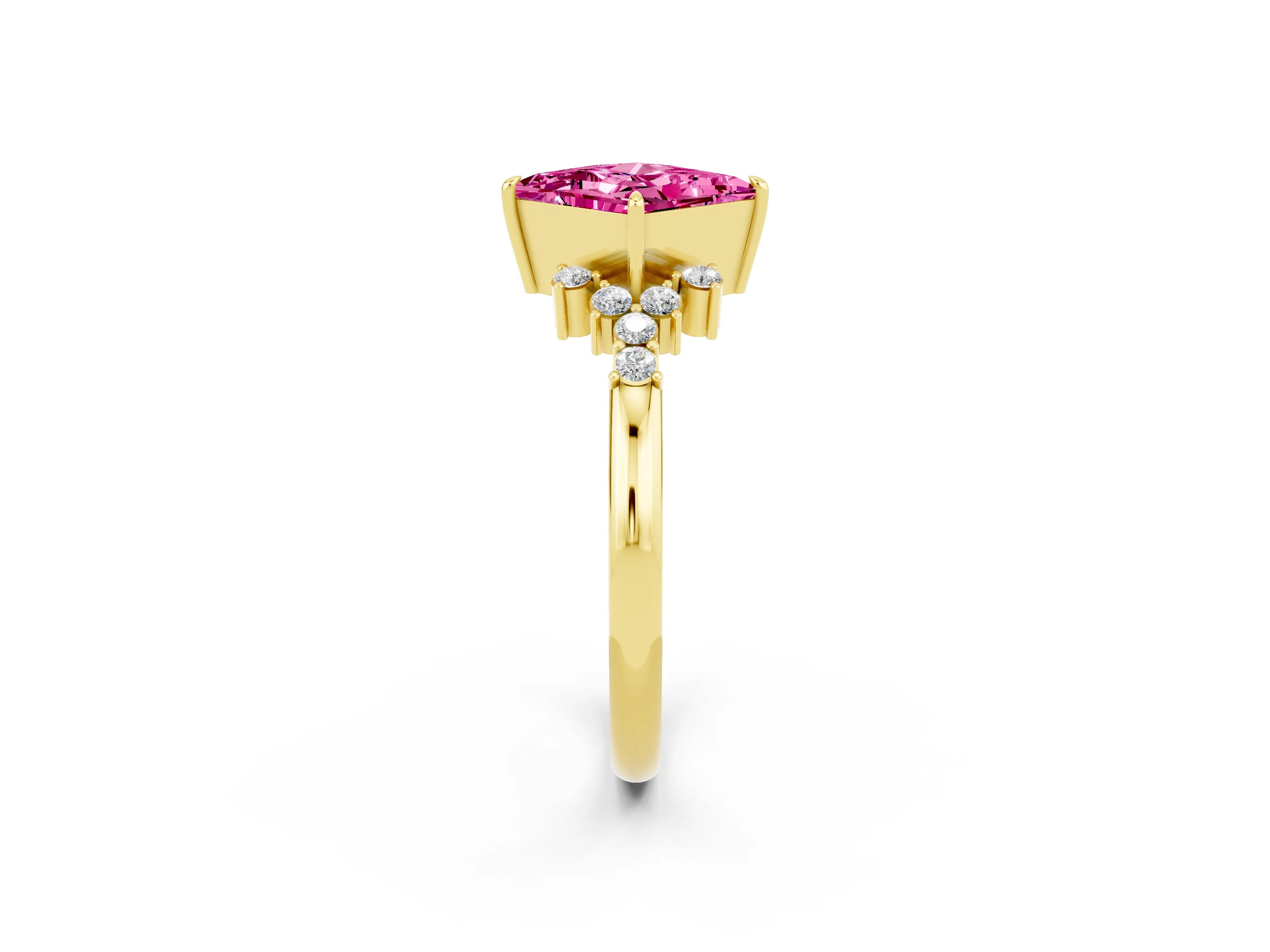 Yellow gold Princess Cut Pink Sapphire Ring with Side Stones and Four-Prong Setting_62