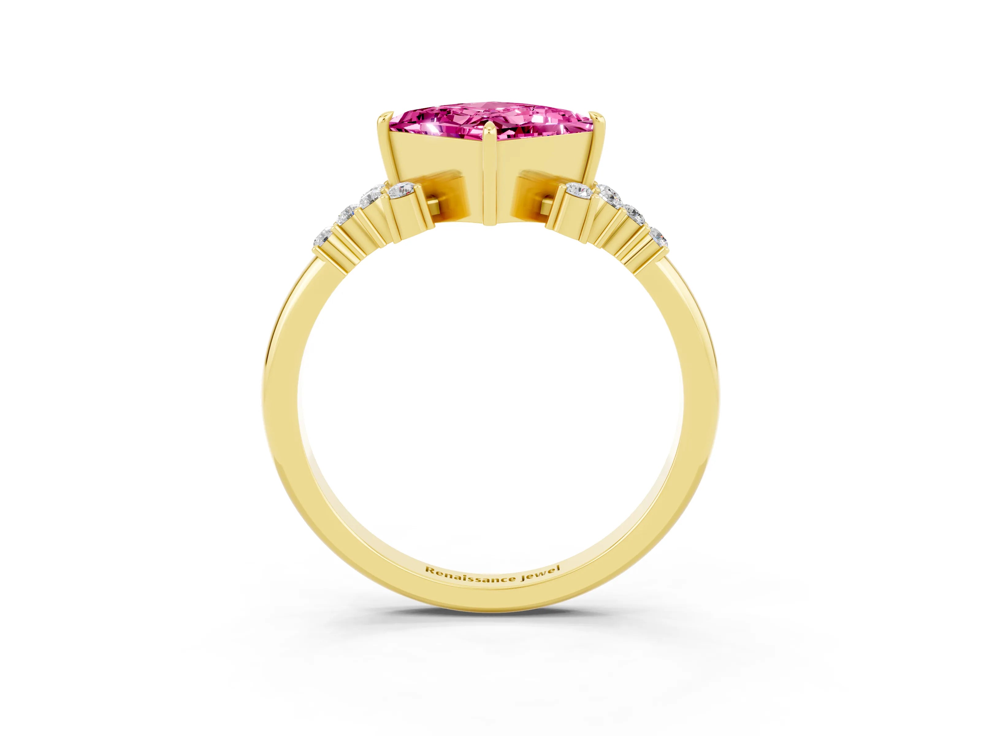 Yellow gold Princess Cut Pink Sapphire Ring with Side Stones and Four-Prong Setting_63