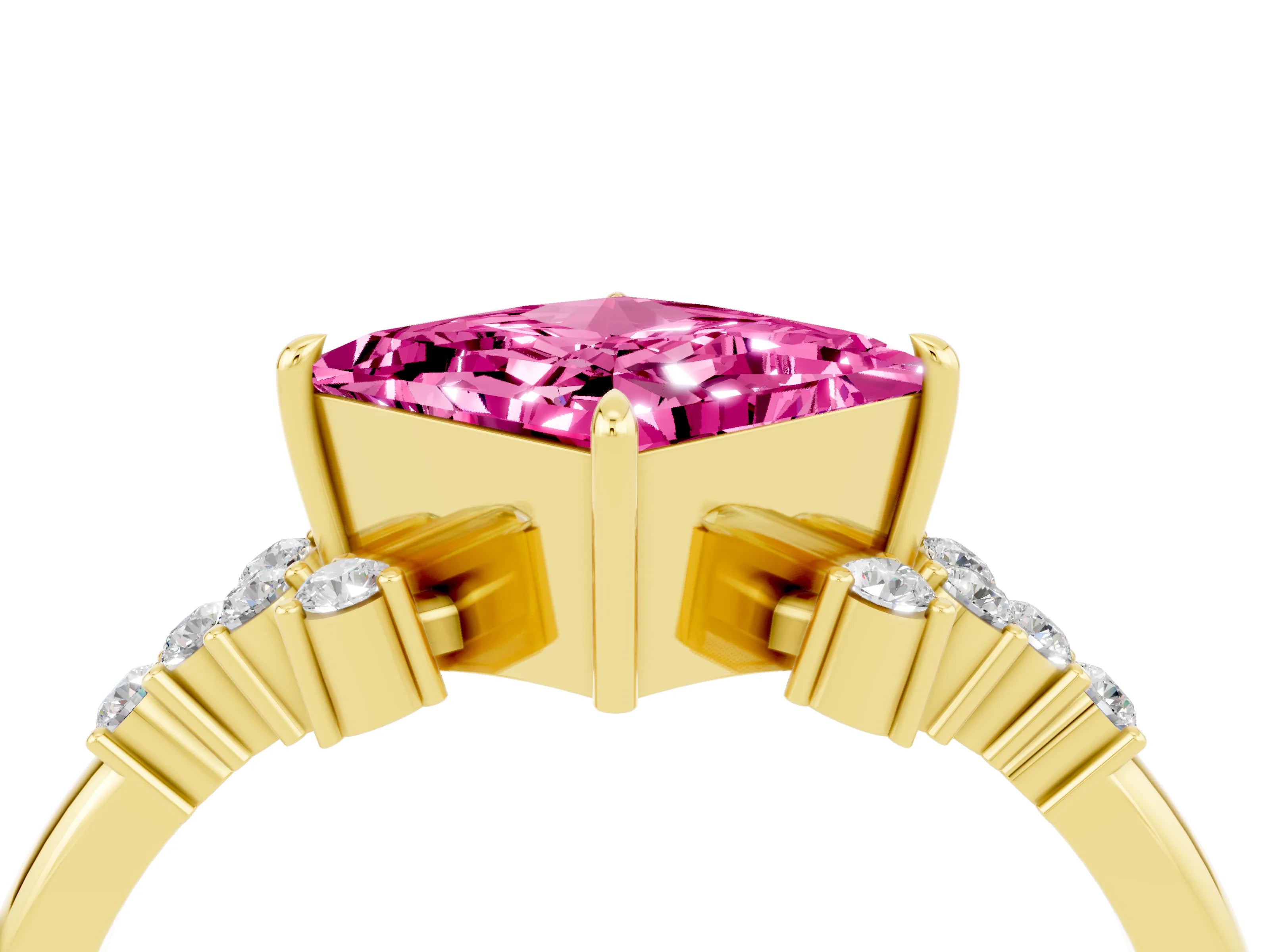 Yellow gold Princess Cut Pink Sapphire Ring with Side Stones and Four-Prong Setting_64