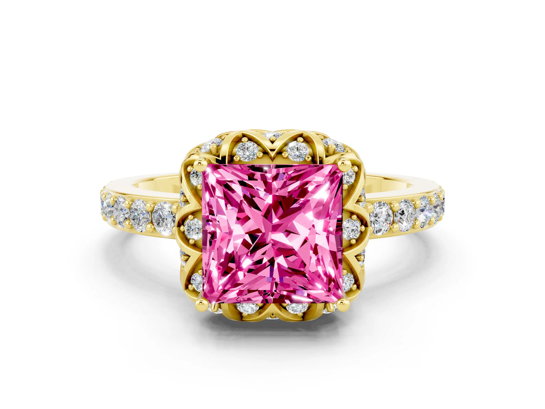 Yellow gold Princess Cut Pink Sapphire Scalloped Halo Engagement Ring with Round Shared Prong Band_12