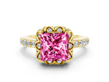 Yellow gold Princess Cut Pink Sapphire Scalloped Halo Engagement Ring with Round Shared Prong Band_12