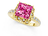 Yellow gold Princess Cut Pink Sapphire Scalloped Halo Engagement Ring with Round Shared Prong Band_13
