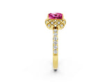 Yellow gold Princess Cut Pink Sapphire Scalloped Halo Engagement Ring with Round Shared Prong Band_14