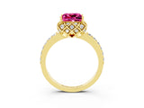Yellow gold Princess Cut Pink Sapphire Scalloped Halo Engagement Ring with Round Shared Prong Band_15