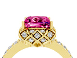 Yellow gold Princess Cut Pink Sapphire Scalloped Halo Engagement Ring with Round Shared Prong Band_16