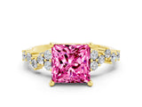 Yellow gold Princess Cut Pink Sapphire Scattered Round Accent Ring with Prong Setting_31