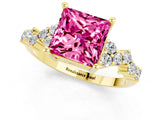 Yellow gold Princess Cut Pink Sapphire Scattered Round Accent Ring with Prong Setting_32
