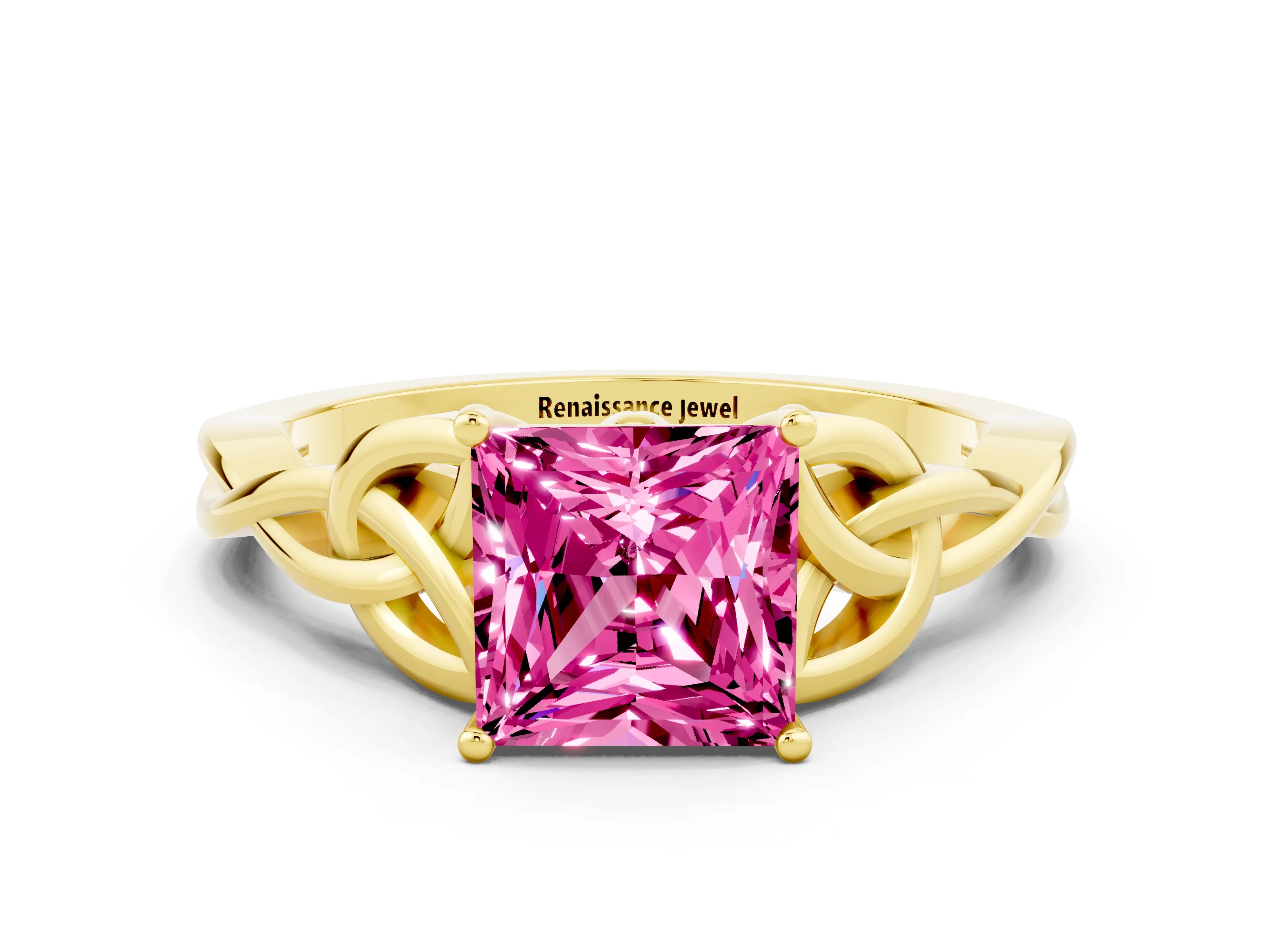 Yellow gold Princess Cut Pink Sapphire Solitaire Celtic Knot Ring with Four-Prong Setting_36