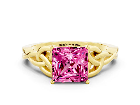 Yellow gold Princess Cut Pink Sapphire Solitaire Celtic Knot Ring with Four-Prong Setting_36