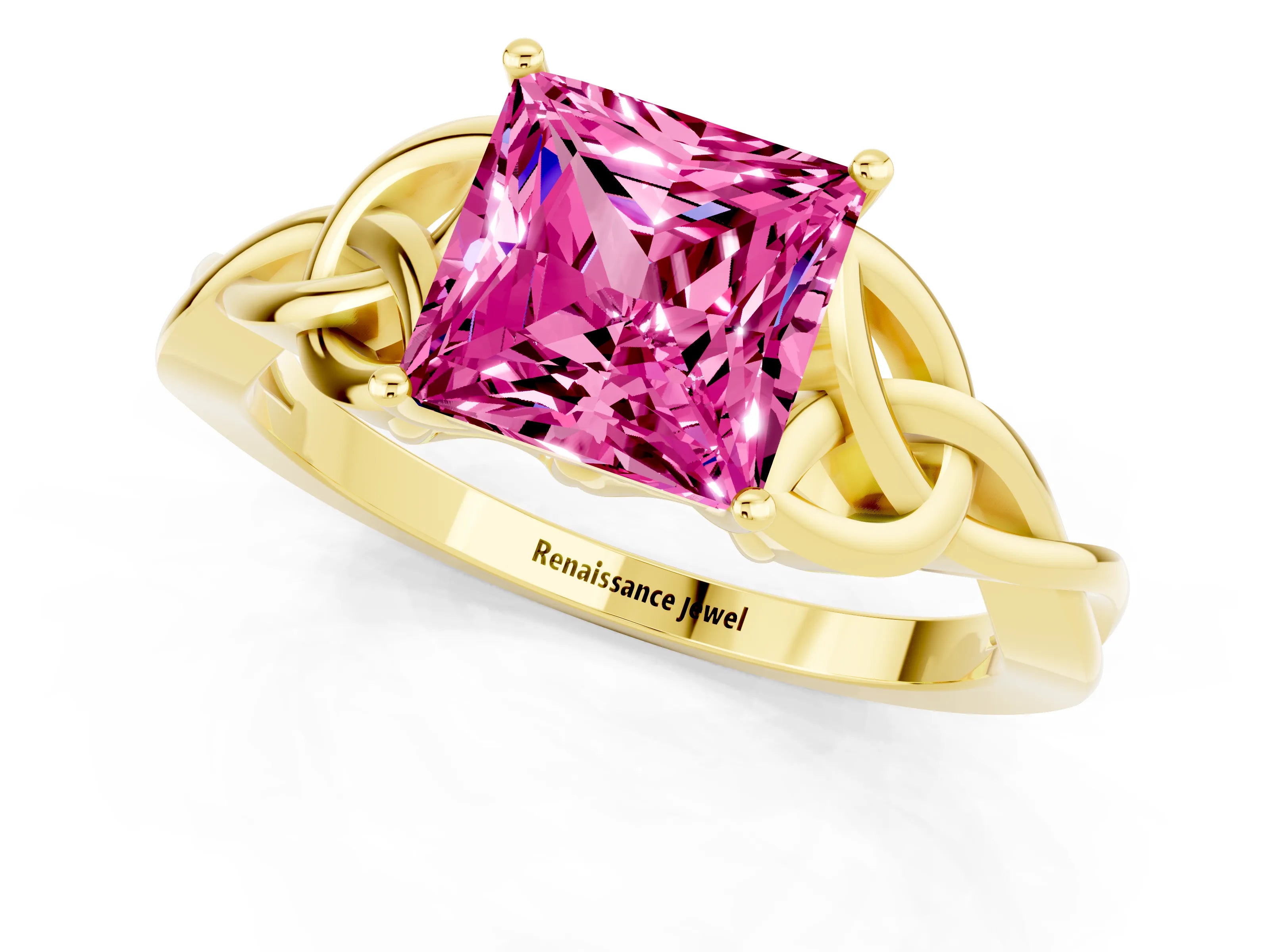 Yellow gold Princess Cut Pink Sapphire Solitaire Celtic Knot Ring with Four-Prong Setting_37