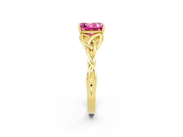Yellow gold Princess Cut Pink Sapphire Solitaire Celtic Knot Ring with Four-Prong Setting