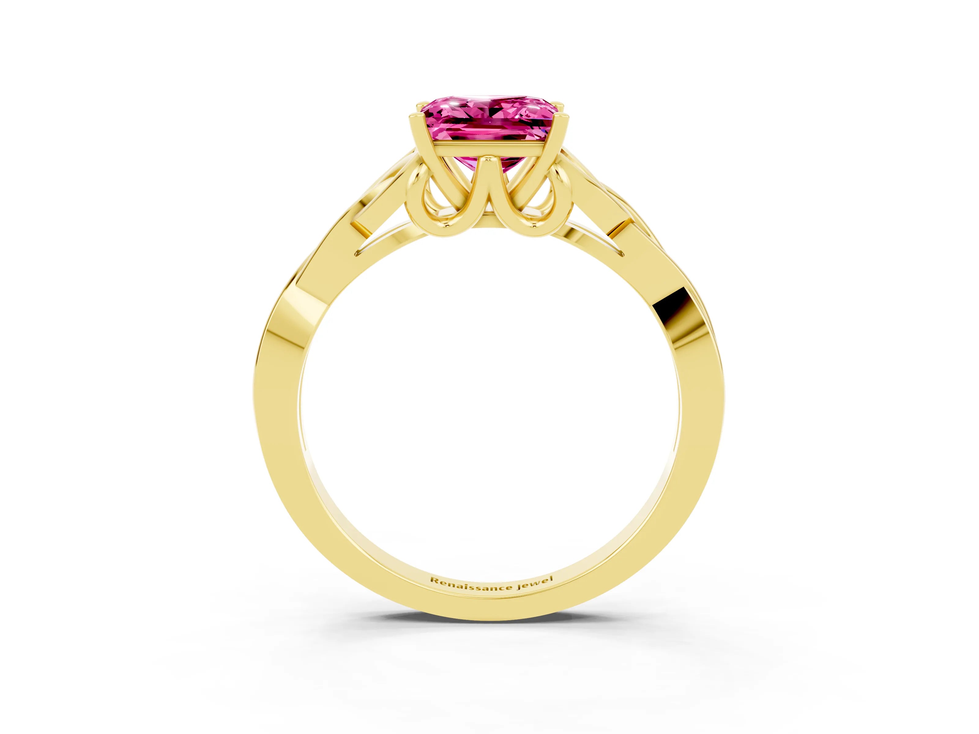 Yellow gold Princess Cut Pink Sapphire Solitaire Celtic Knot Ring with Four-Prong Setting_39