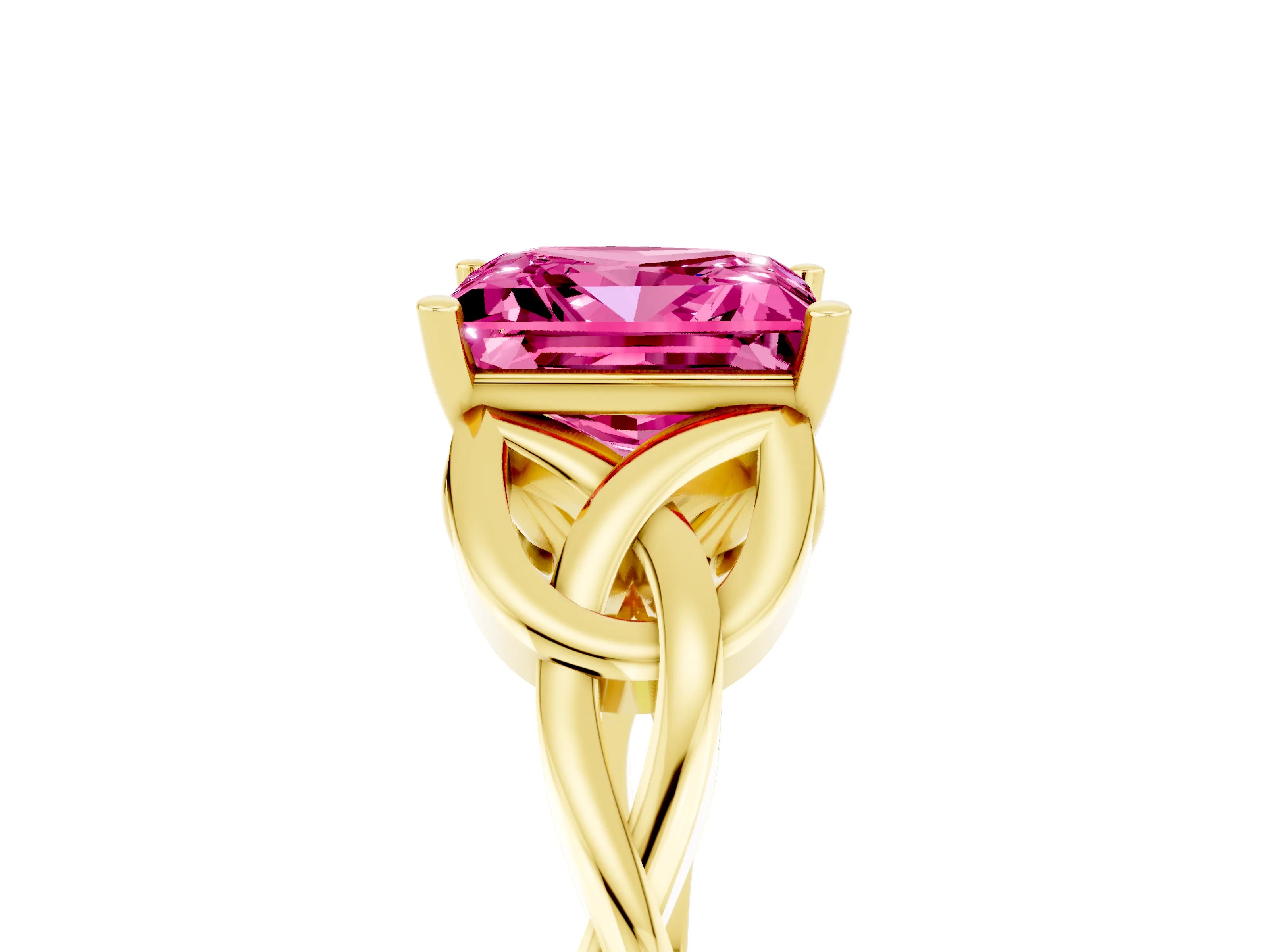 Yellow gold Princess Cut Pink Sapphire Solitaire Celtic Knot Ring with Four-Prong Setting_41