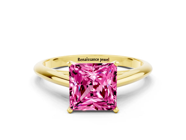 Yellow gold Princess Cut Pink Sapphire Solitaire Engagement Ring with Cathedral Setting and Four-Prong Mount