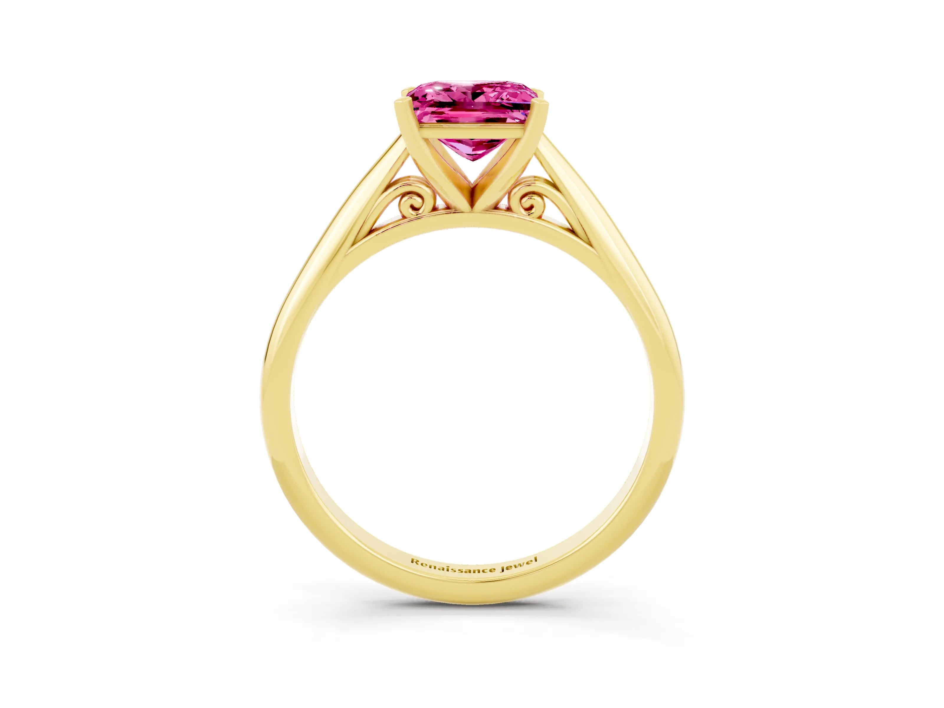 Yellow gold Princess Cut Pink Sapphire Solitaire Engagement Ring with Cathedral Setting and Four-Prong Mount_15