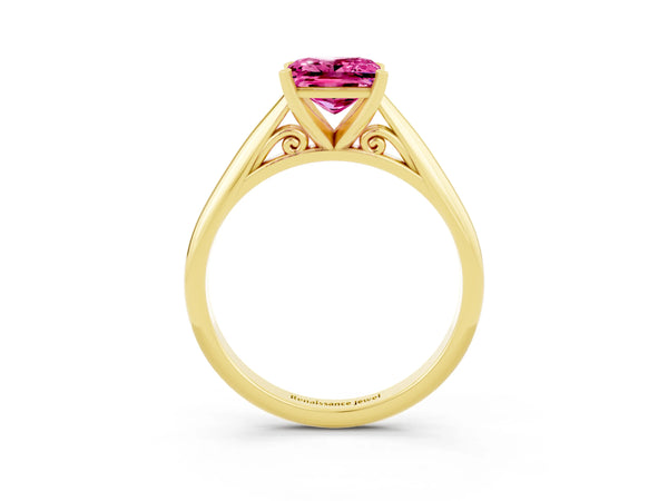 Yellow gold Princess Cut Pink Sapphire Solitaire Engagement Ring with Cathedral Setting and Four-Prong Mount