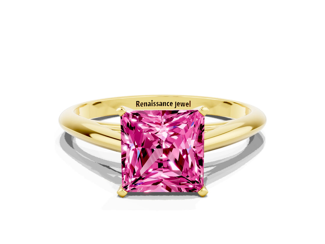 Yellow gold Princess Cut Pink Sapphire Solitaire Engagement Ring with Cathedral Setting and Four-Prong Mount_66
