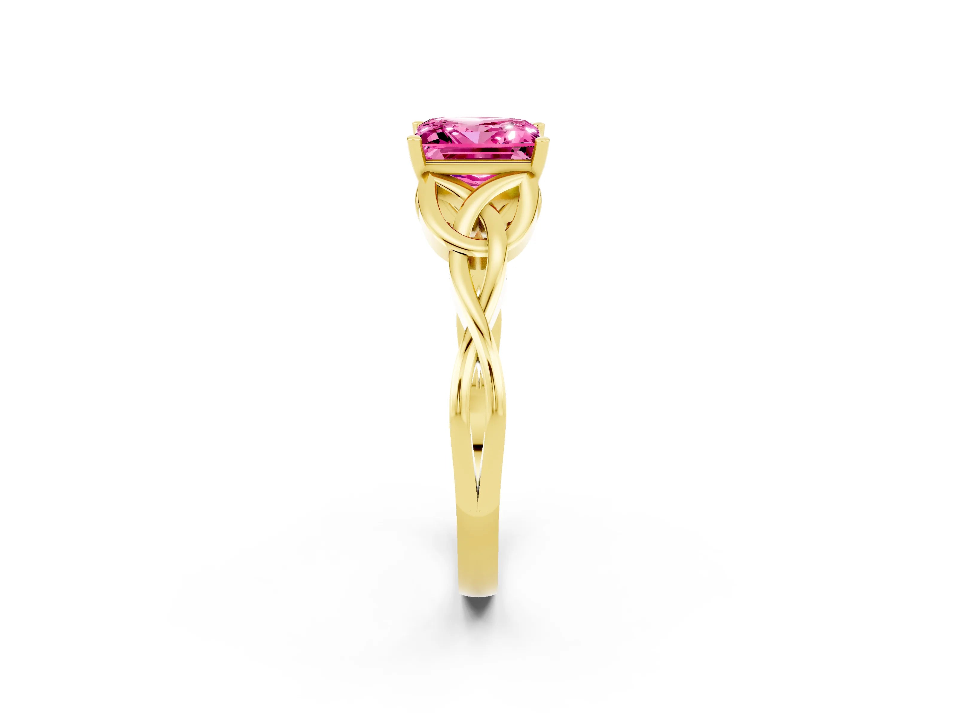 Yellow gold Princess Cut Pink Sapphire Solitaire Engagement Ring with Celtic Knot Band and Four-Prong Setting_26