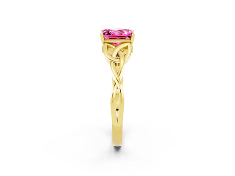 Yellow gold Princess Cut Pink Sapphire Solitaire Engagement Ring with Celtic Knot Band and Four-Prong Setting_26