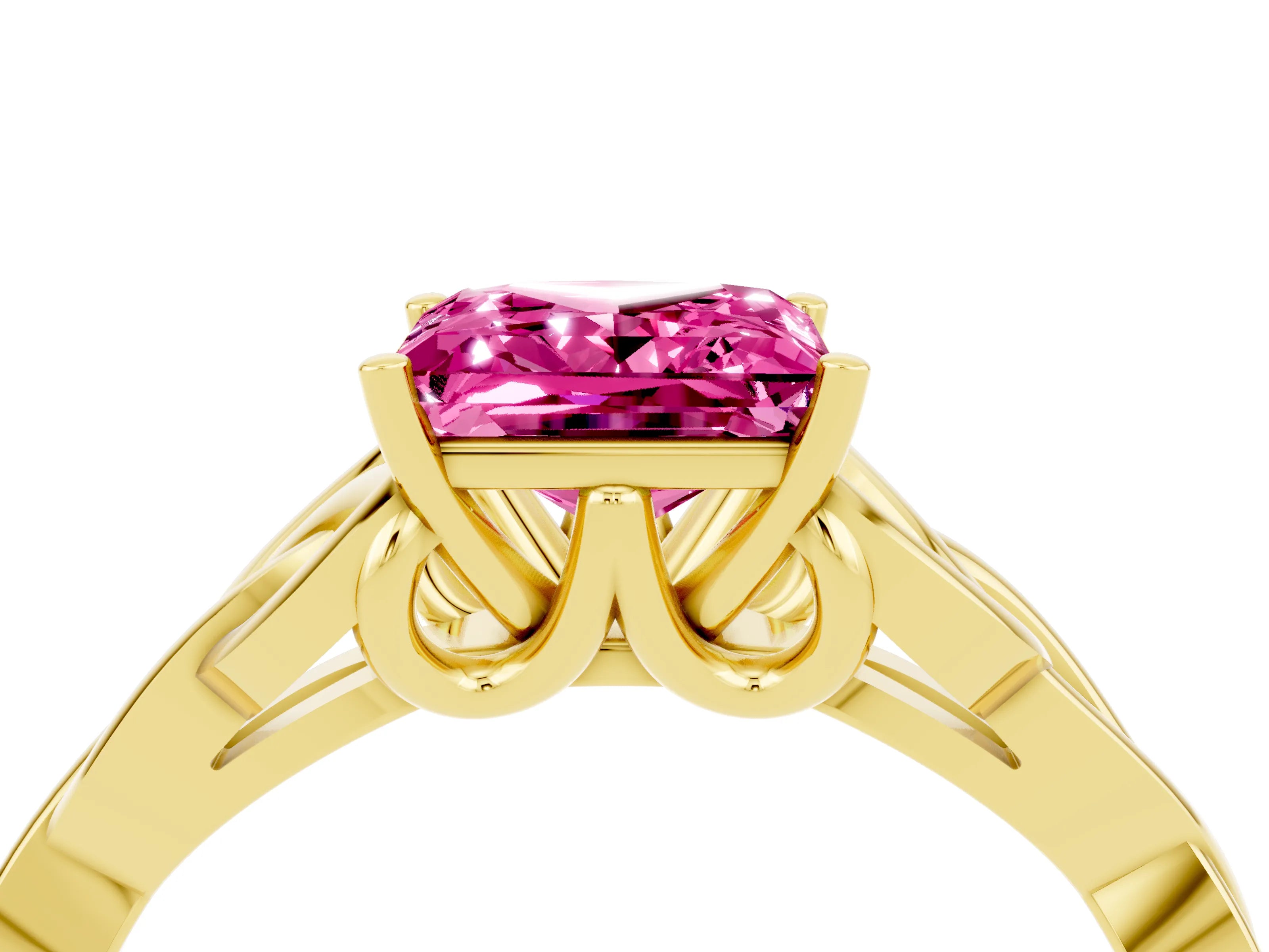 Yellow gold Princess Cut Pink Sapphire Solitaire Engagement Ring with Celtic Knot Band and Four-Prong Setting_28