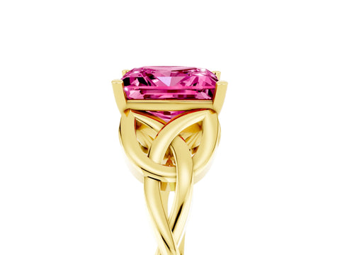 Yellow gold Princess Cut Pink Sapphire Solitaire Engagement Ring with Celtic Knot Band and Four-Prong Setting_29
