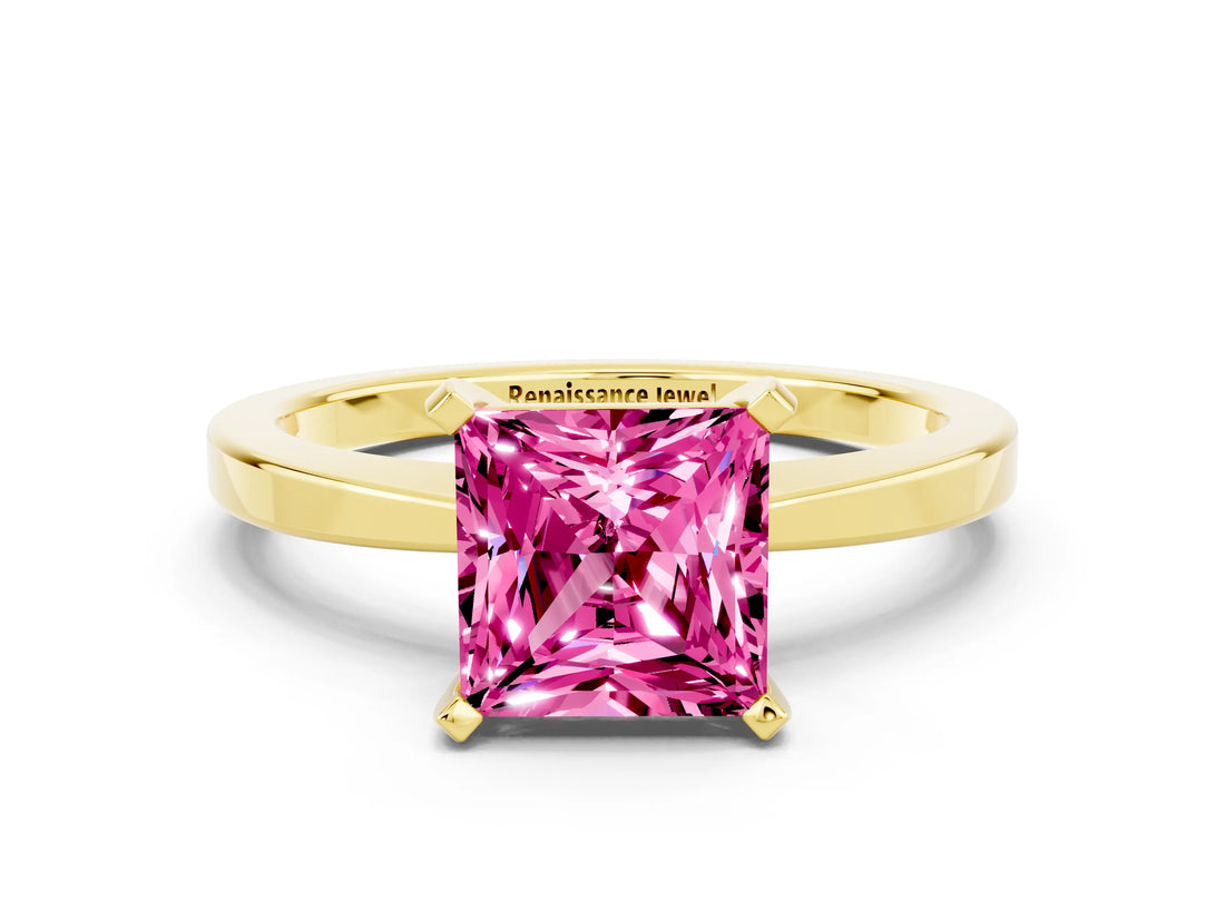 Yellow gold Princess Cut Pink Sapphire Solitaire Engagement Ring with Classic Band and Four-Prong Setting_60