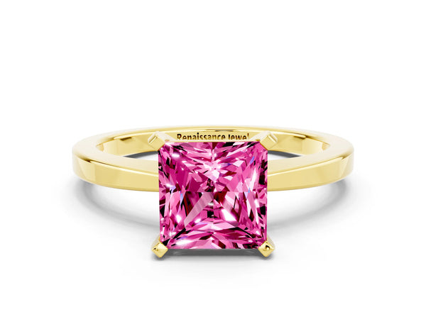 Yellow gold Princess Cut Pink Sapphire Solitaire Engagement Ring with Classic Band and Four-Prong Setting
