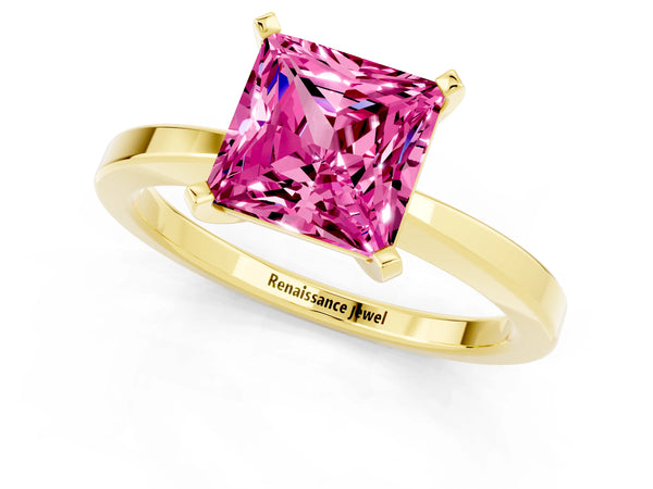 Yellow gold Princess Cut Pink Sapphire Solitaire Engagement Ring with Classic Band and Four-Prong Setting