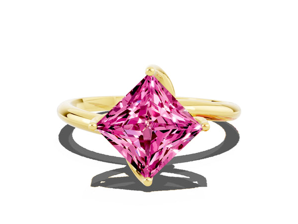 Yellow gold Princess Cut Pink Sapphire Solitaire Engagement Ring with Four-Prong Setting and Classic Band