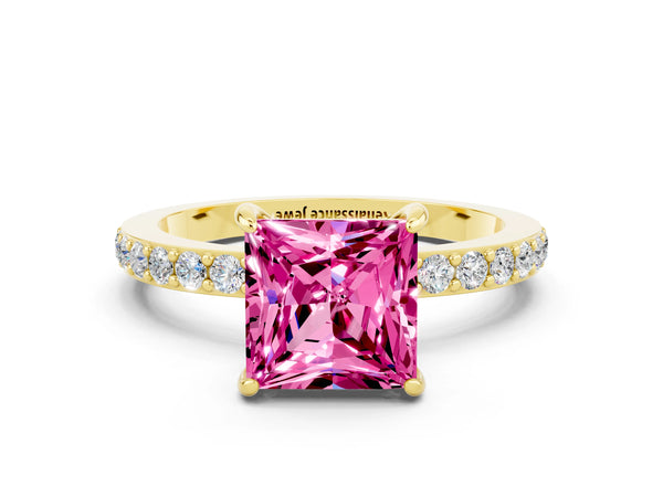 Yellow gold Princess Cut Pink Sapphire Solitaire Engagement Ring with Pavé Band and Four-Prong Setting